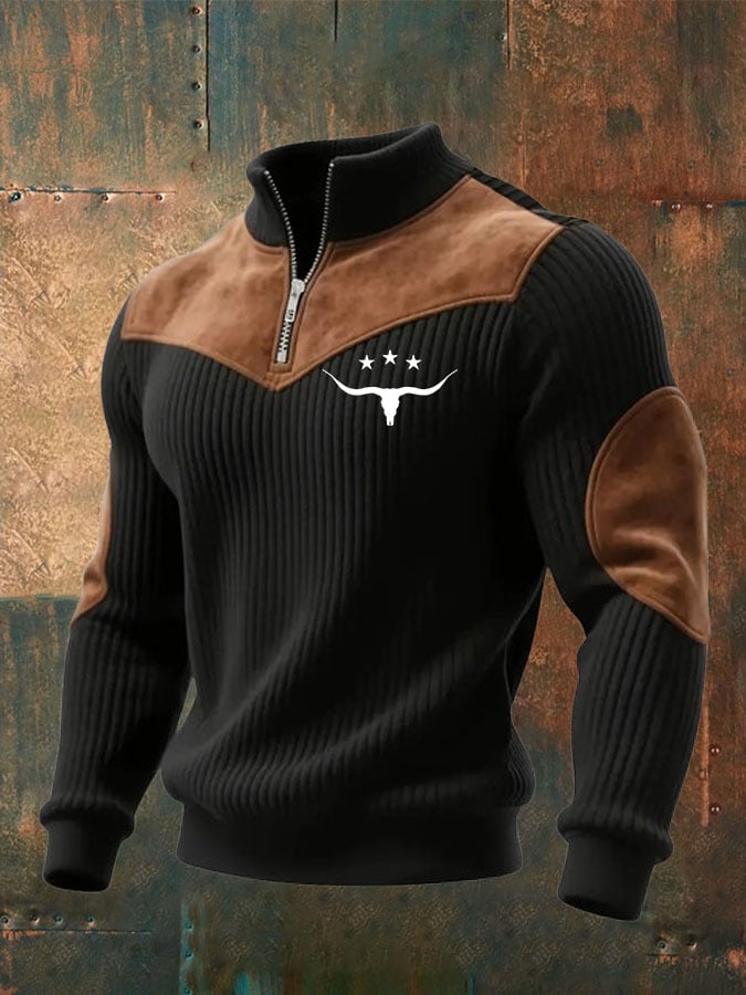 Olaf | Prążkowana bluza ze stójką i nadrukiem z rogami