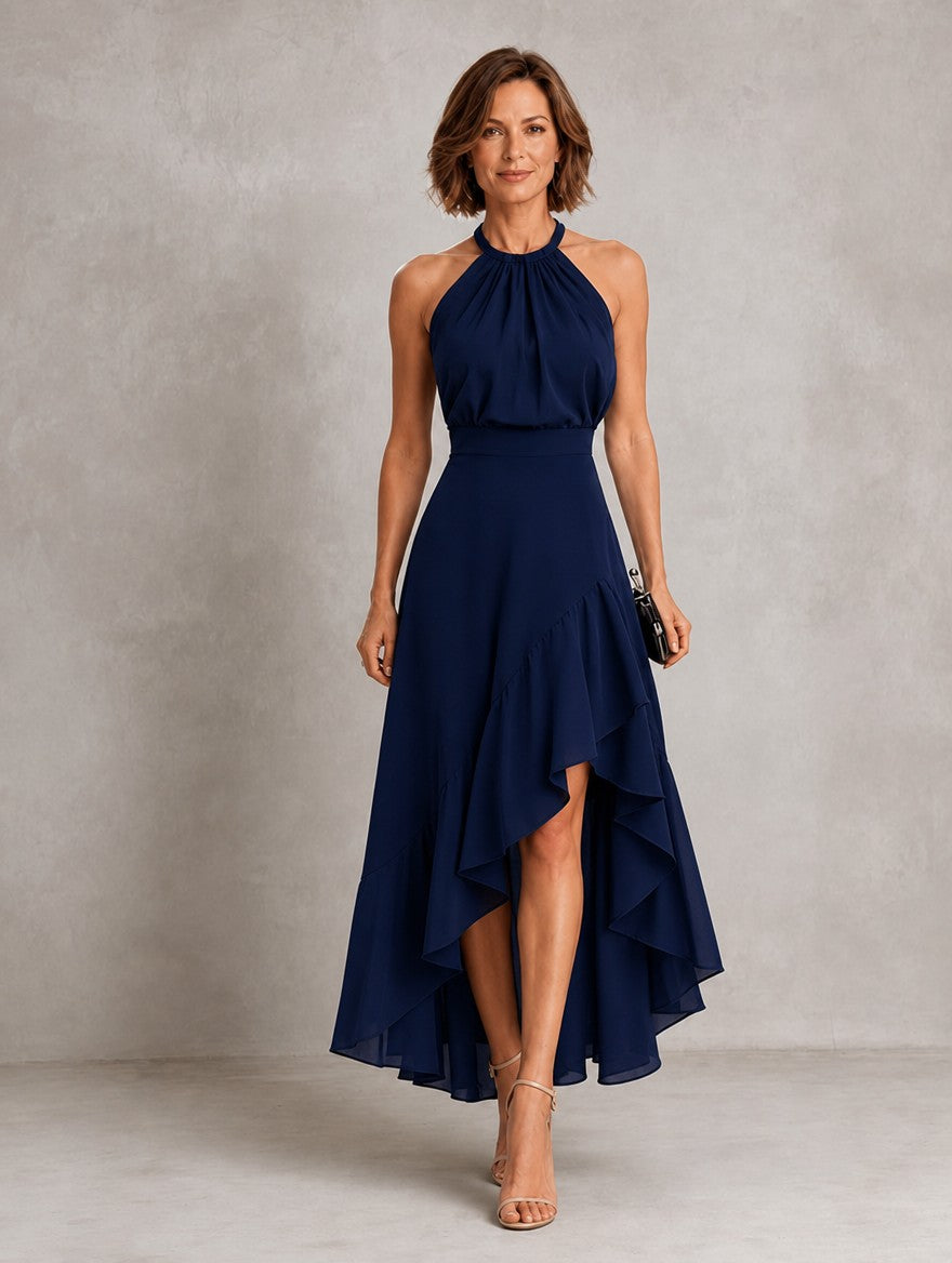 Aleksandra | Sukienka halter z asymetryczną falbaną