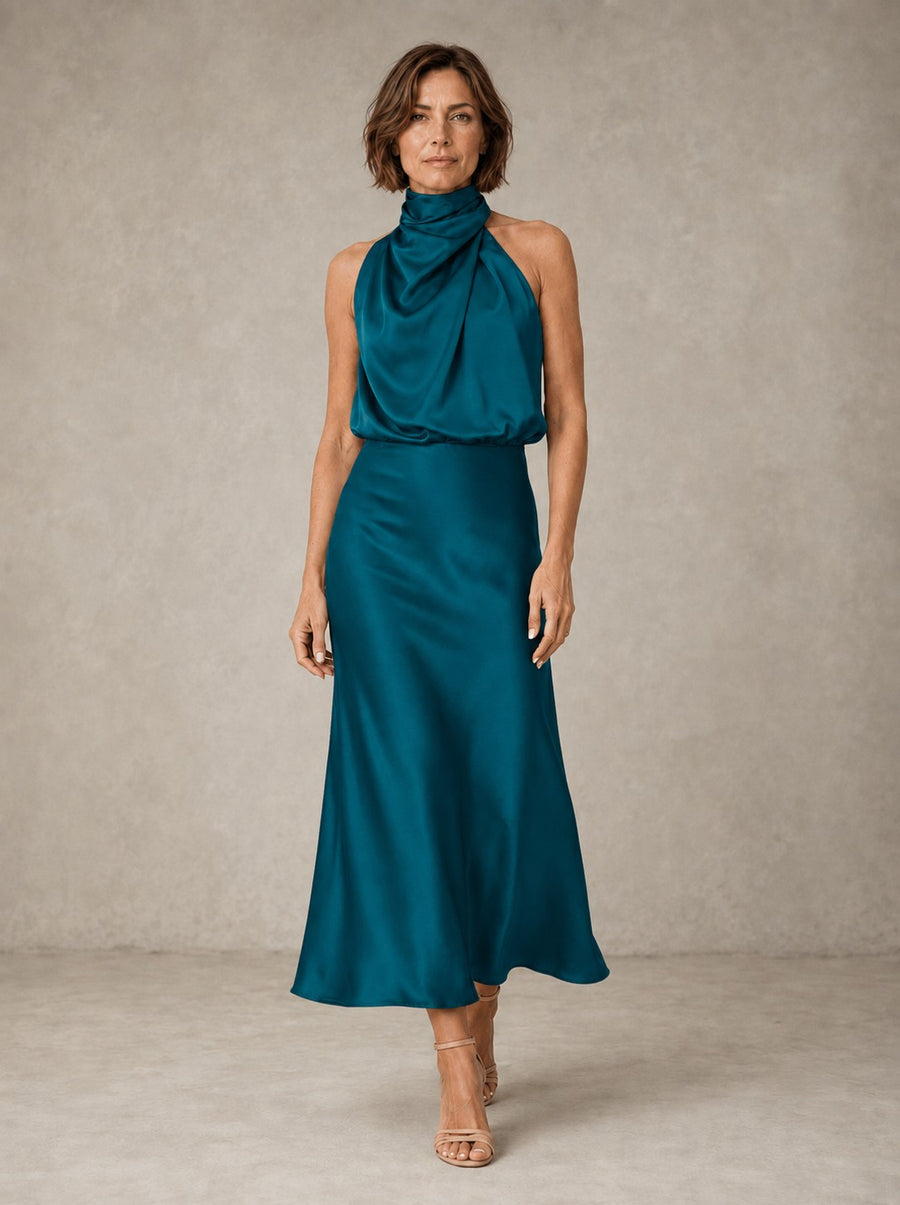 Bianka | Satynowa sukienka maxi z dekoltem halter
