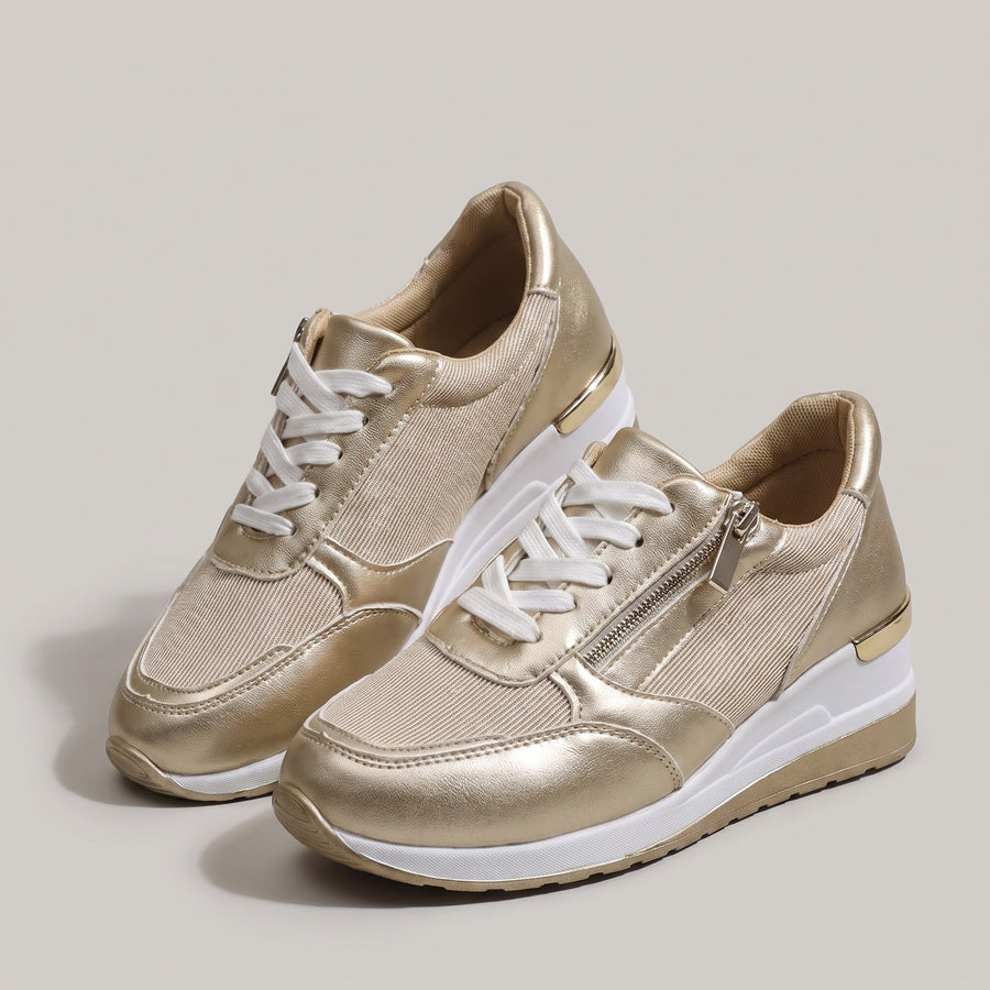 Ksenia | Metaliczne sneakersy na koturnie z zamkiem